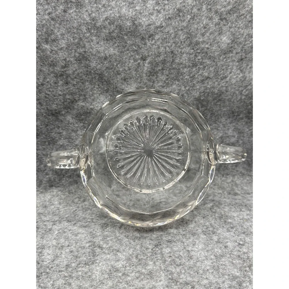 Vtg  Clear Pressed Glass Sugar Bowl Etched Floral Double Handle Starburst Base